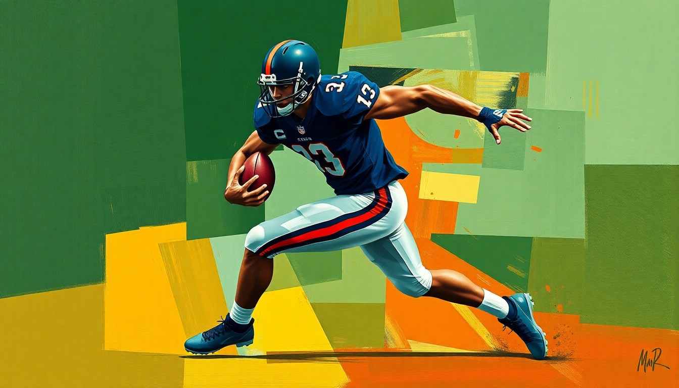 A fractured, geometric painting depicting the dynamic motion of a football player rushing the passer, with sharp planes of dark green, navy blue, and burnt orange.