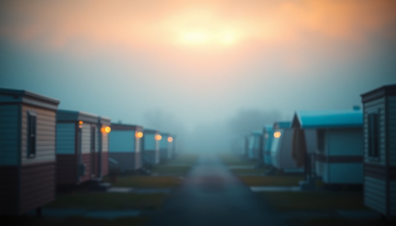 An abstract, impressionistic photograph of a mobile home park, with blurred shapes and muted colors creating a sense of warmth and nostalgia.