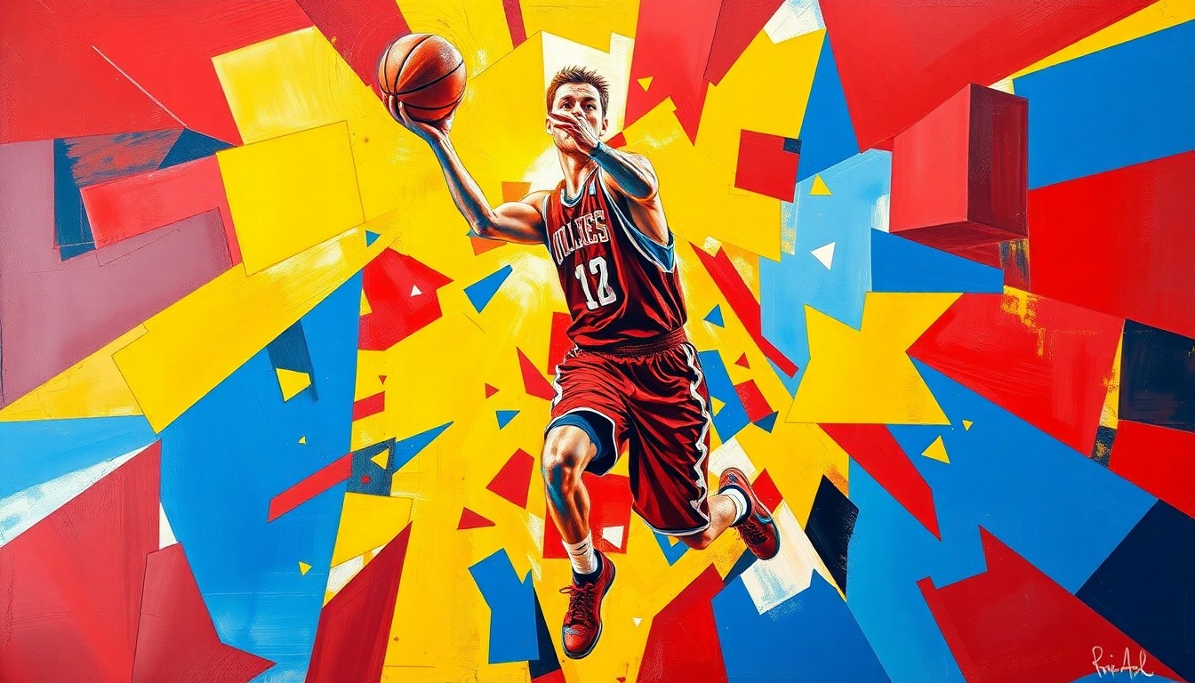 A fragmented, geometric painting in bold primary colors depicting the movements and energy of a basketball player on the court, conveying the conceptual idea of a college basketball team retaining a top scorer.