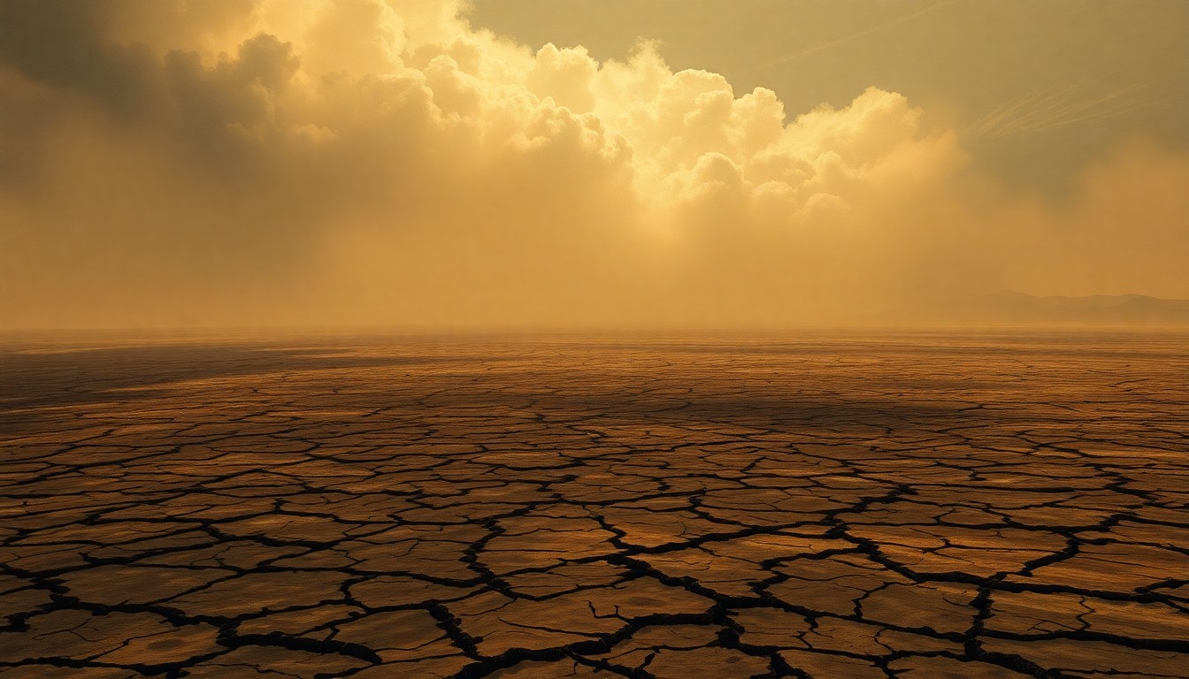A vast, atmospheric landscape painting depicting a parched, cracked earth under a hazy, oppressive sky, conveying the overwhelming scale and melancholy of the drought's impact on the region's farmland.