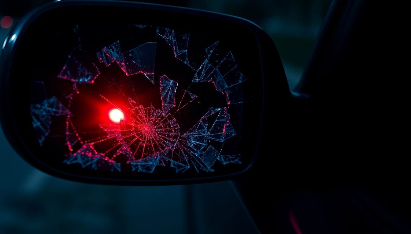 An extreme close-up of a shattered car side mirror reflecting a faint red light, conveying the gritty, investigative mood of a stalking incident without depicting any actual violence or victims.