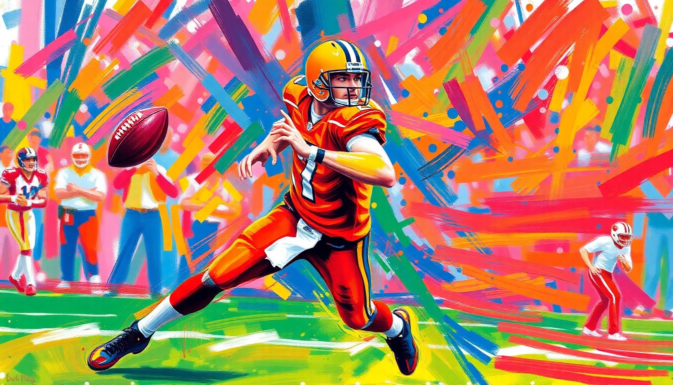An abstract, textured painting in bright neon colors, with rapid brushstrokes capturing the explosive energy and dynamic movement of a college football player making a play, conceptually representing the excitement surrounding Alabama's young quarterback.