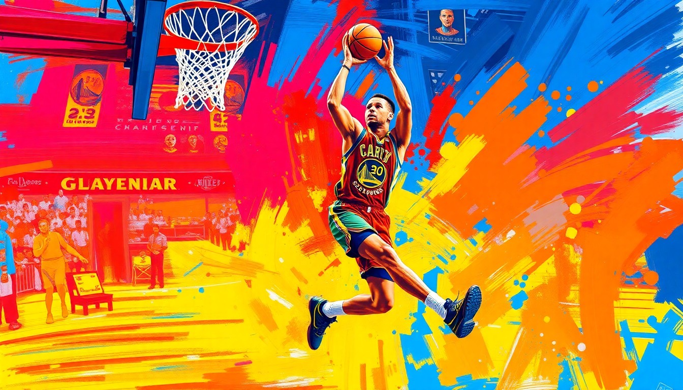 An abstract, expressionistic painting featuring bold, sweeping brushstrokes in neon colors that capture the dynamic movement and energy of a basketball player driving to the hoop.