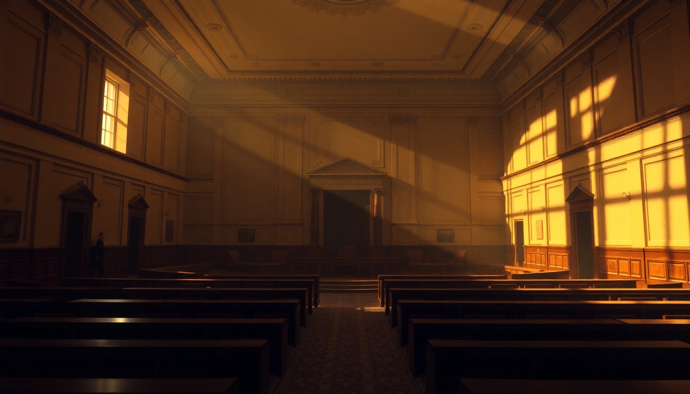 A dimly lit, cinematic interior space with warm, diagonal sunlight streaming through windows, casting deep shadows across an empty government office or legislative chamber, conveying a sense of quiet contemplation and the weight of political decisions.