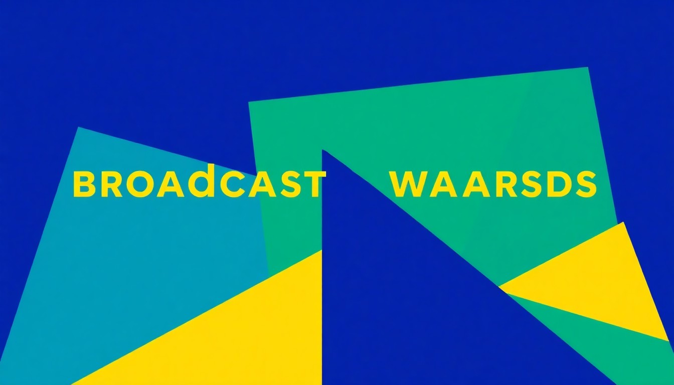 A dynamic, abstract illustration featuring overlapping geometric shapes in shades of blue, green, and yellow, conceptually representing the excellence of KRIS 6's broadcast journalism.