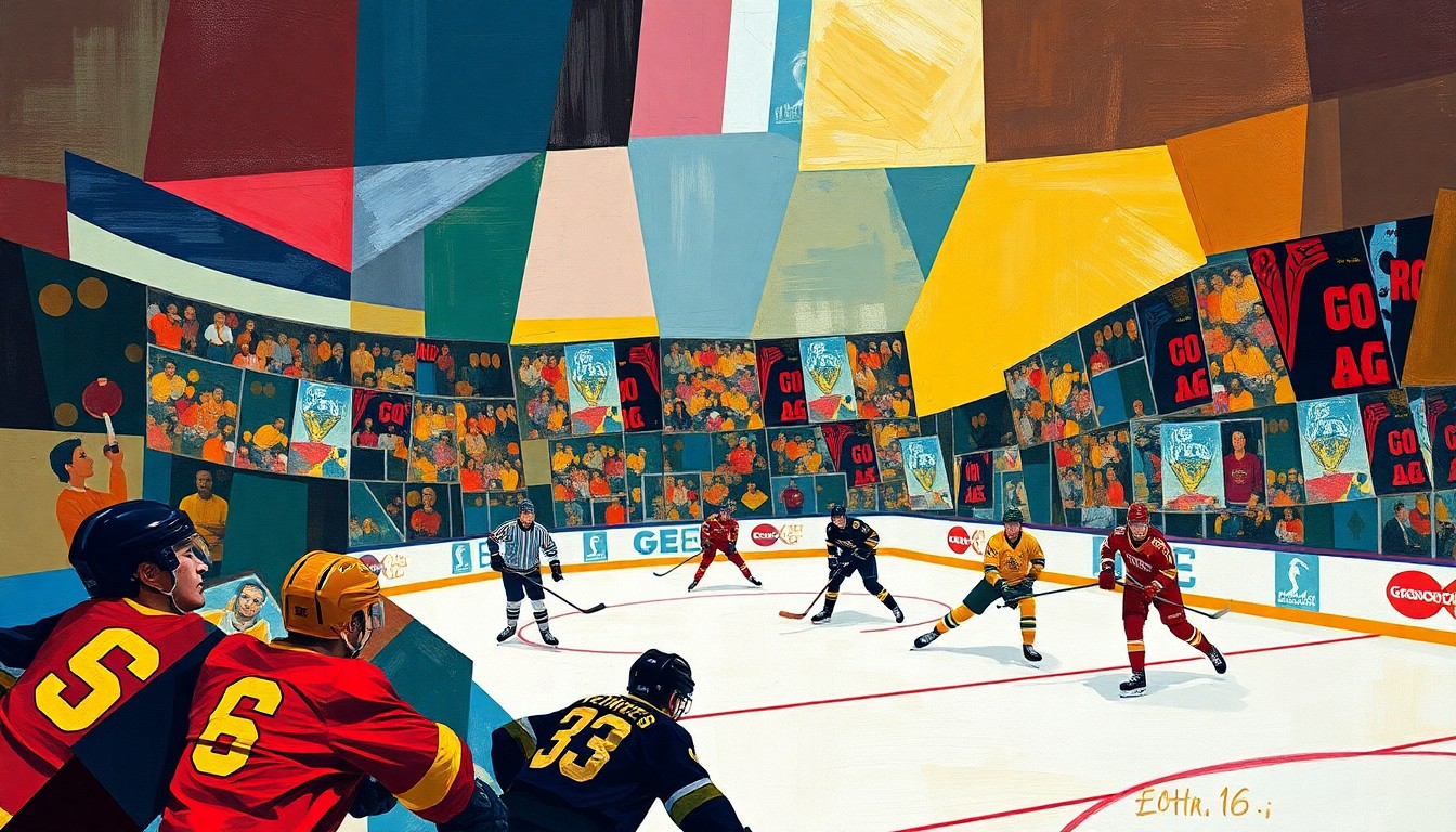 A fractured, multi-perspective painting in a cubist style, breaking down a hockey game into sharp, overlapping geometric planes of vibrant colors representing the players and teams.