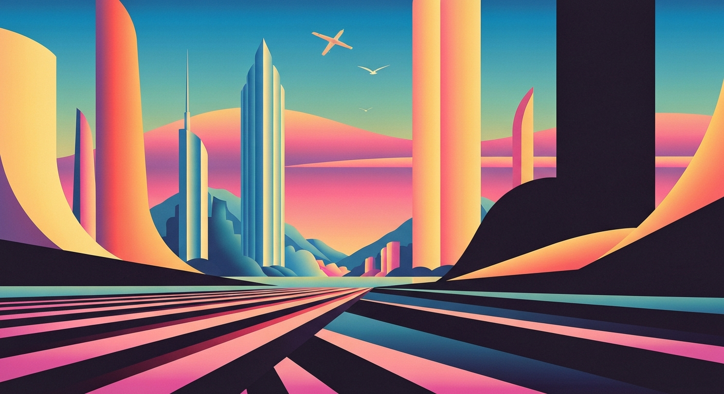 A sweeping, geometric illustration in the Art Deco style, depicting a towering, streamlined train station or transportation hub against a backdrop of stylized landscapes and cityscapes, conveying the grand scale and excitement of international travel.