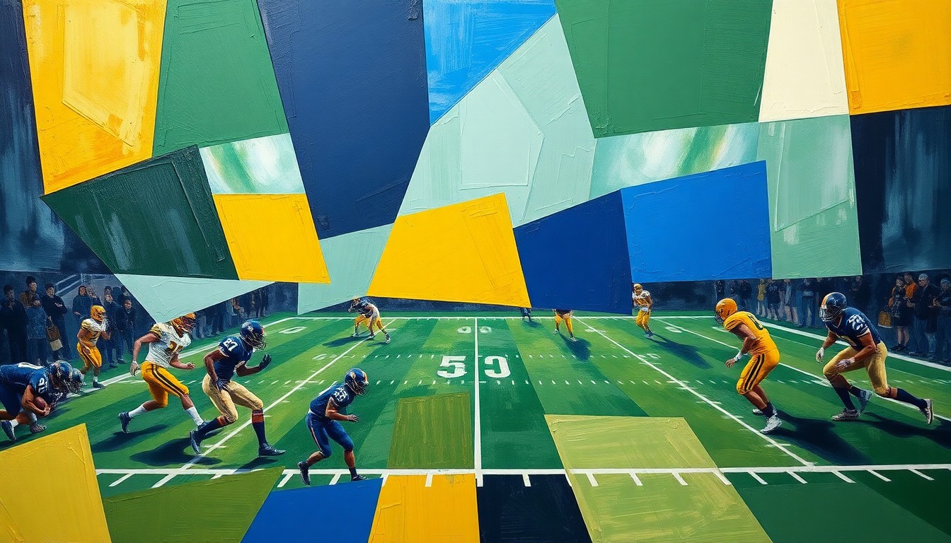 A cubist, geometric painting depicting a high school football game, with the players and field broken down into overlapping planes of navy blue, forest green, and gold, creating a dynamic, abstract representation of the sport.
