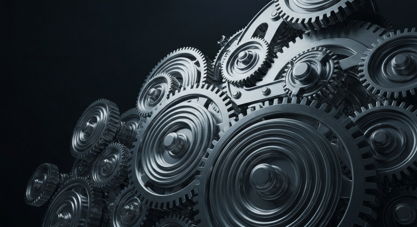 An extreme close-up of heavy, polished banking machinery and gears, dramatically lit against a dark background, conceptually representing the complex financial systems that underpin global markets.