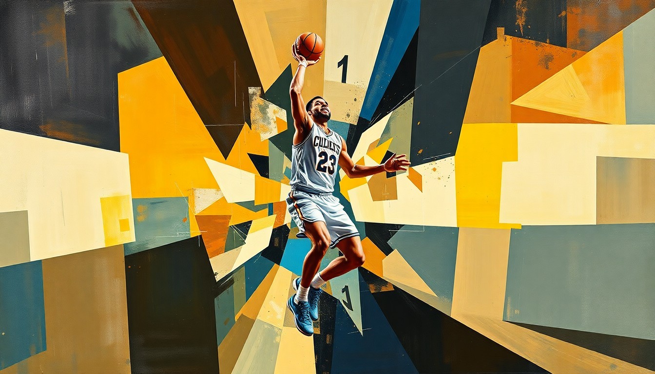 A fragmented, geometric painting depicting the fluid movements and playmaking abilities of a tall, lanky basketball player, with sharp planes of color and form representing the multi-dimensional nature of the athlete's game.