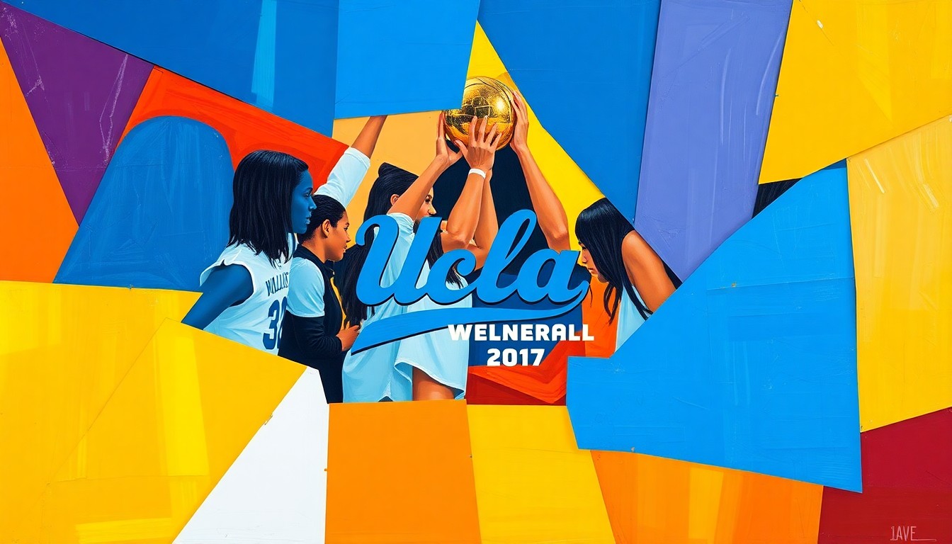 A fractured, multi-perspective painting breaking down the UCLA women's basketball team's championship celebration and WNBA Draft success into sharp, overlapping geometric planes of vibrant team colors.
