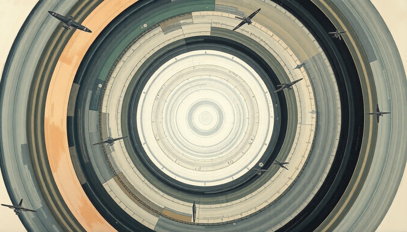 A bold, abstract painting featuring sweeping geometric shapes, concentric circles, and intersecting waveforms in muted tones, conceptually representing the complex regulatory forces and rapid technological changes shaping the modern commercial space sector.