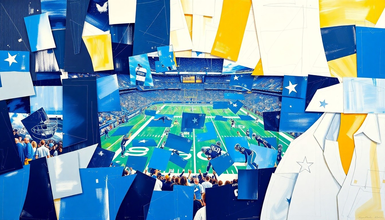 A fragmented, geometric painting in shades of navy, silver, and white, depicting an abstract football scene or draft event, conveying the analytical and competitive nature of the Cowboys' draft preparations.