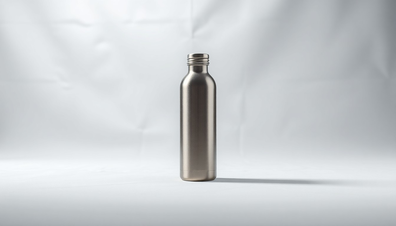 A highly detailed, photorealistic studio photograph of a single, polished metal water bottle or thermos on a clean white background, symbolizing the basic tools and equipment used by warehouse workers and the hidden physical demands of their jobs.