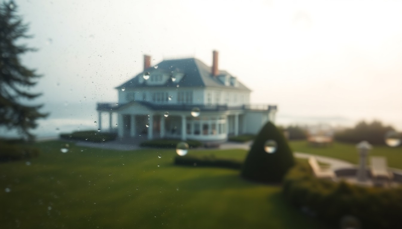 An abstract, out-of-focus photograph featuring soft, blurred scenes of a grand coastal estate, with manicured lawns, crashing waves, and the silhouette of an elegant home, conveying a sense of tranquility and luxury.