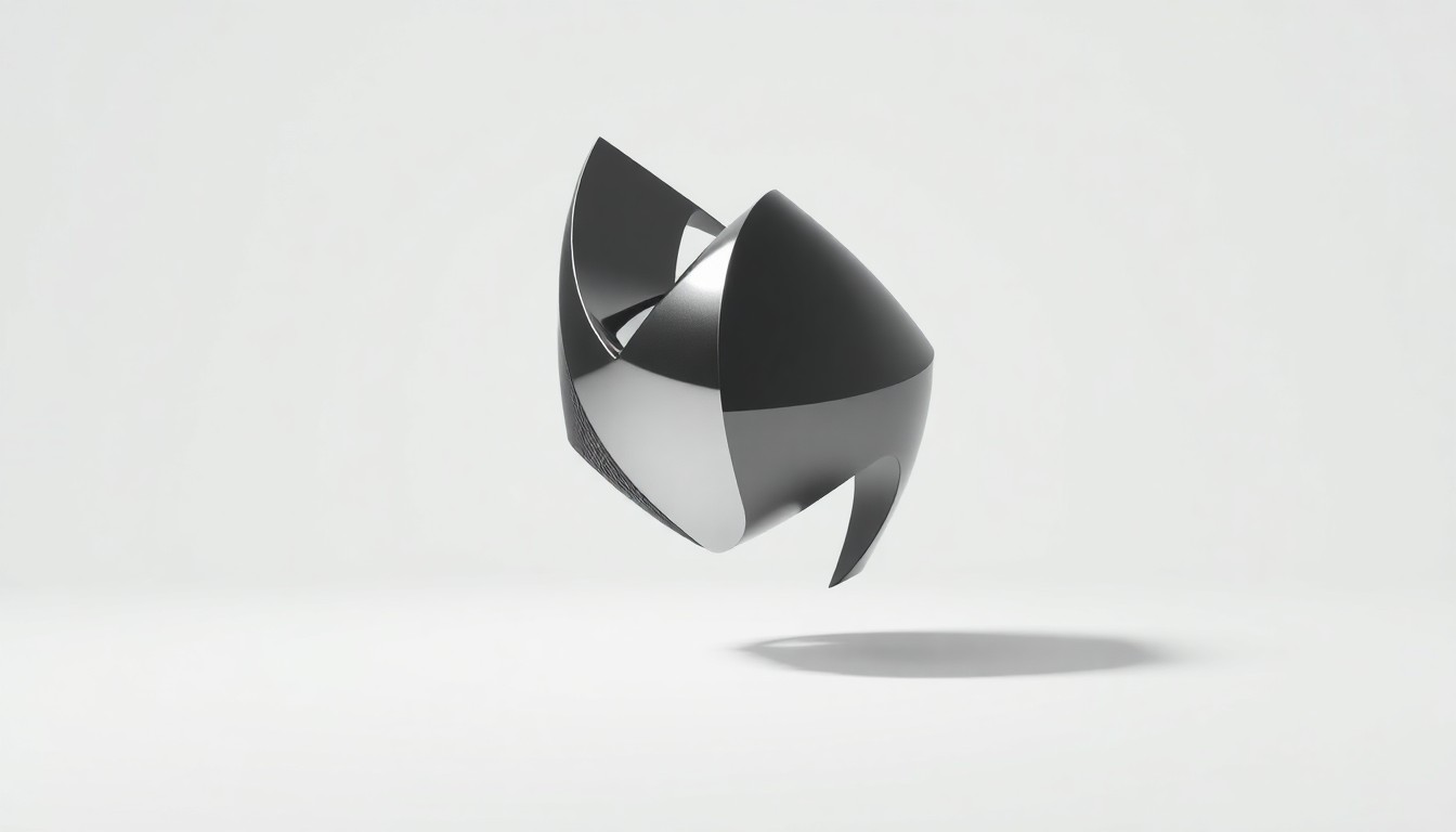 A sleek, minimalist metal sculpture or abstract object in shades of silver and grey, floating against a plain white background and dramatically lit to convey a sense of precision, sophistication, and forward momentum in the technology and energy sectors.