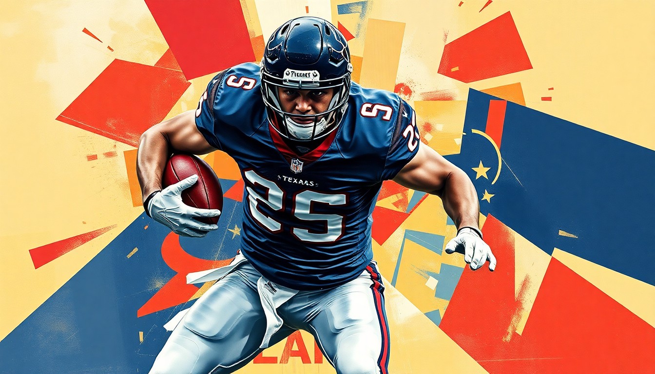 A fragmented, cubist-style painting depicting a Texans football player in mid-tackle, with sharp geometric shapes and planes in navy blue, red, and gray tones conveying the raw power and energy of the sport.