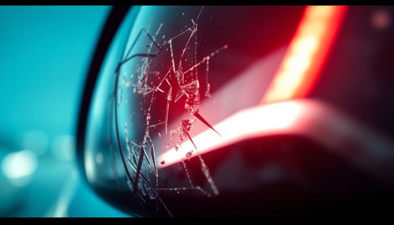 An abstract, high-contrast close-up photograph of a shattered, reflective car sensor lens, conveying the conceptual idea of conflict and vandalism surrounding self-driving vehicles.