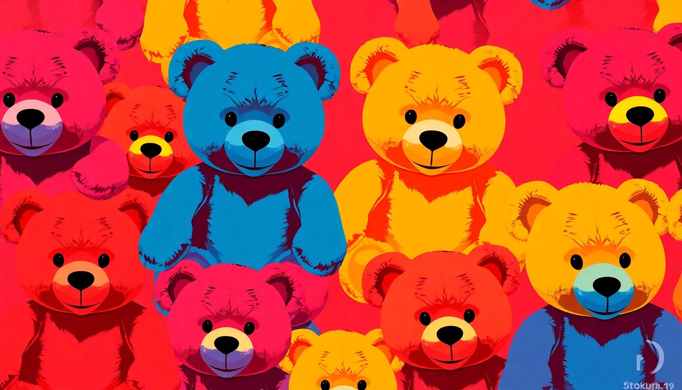 A brightly colored, high-contrast silkscreen print of a teddy bear plush toy repeated in a tight grid pattern, representing the fundraising efforts of the Jackson Perkins restaurant to support terminally ill children and their families.