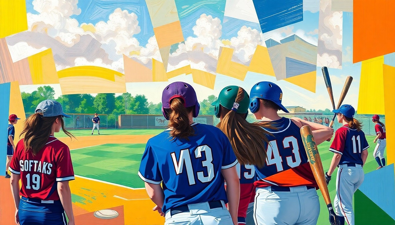 A cubist, geometric painting depicting a high school girls' softball game, with vibrant brushstrokes in the team colors of Mustang High School, capturing the dynamic energy and movement of the sport.