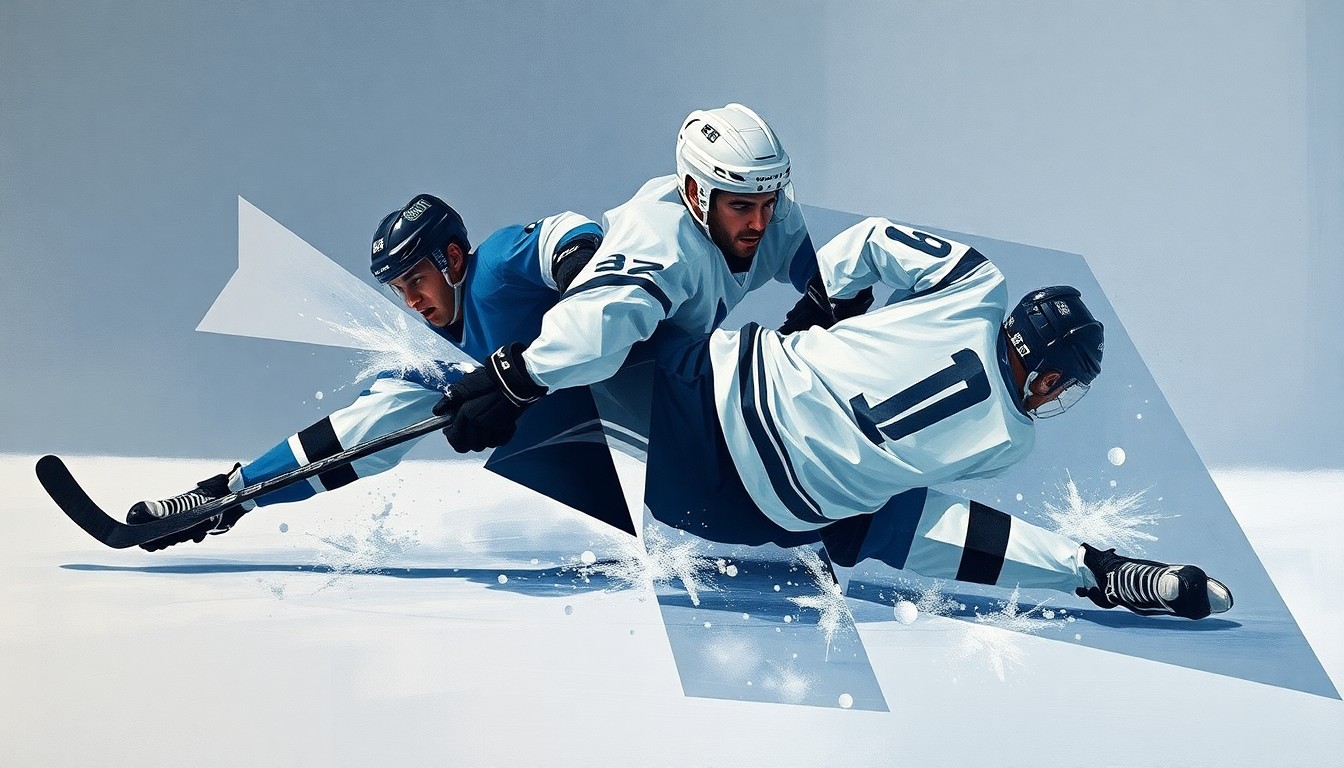 A cubist, geometric painting breaking down a hockey player being hit and falling to the ice, with sharp overlapping planes in muted blue, grey, and white tones representing the violent impact.