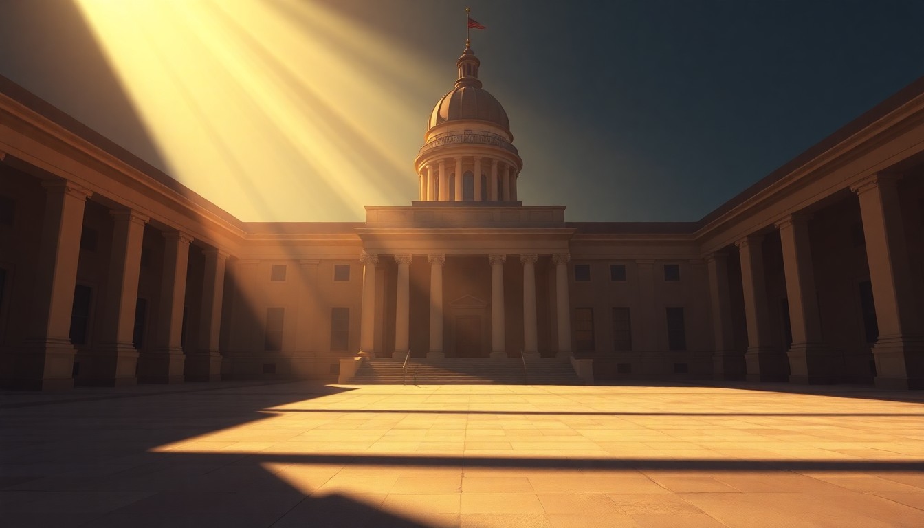 A serene, photorealistic painting of the Ohio Statehouse building in warm, golden light, evoking a sense of contemplation and civic responsibility to combat hate.