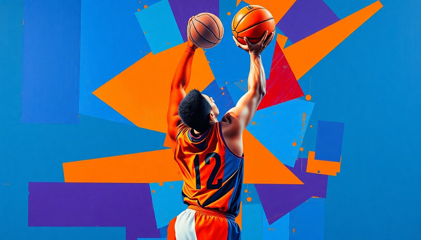 A cubist-style painting depicting a basketball player in the act of shooting, with their body and the ball broken down into sharp, overlapping geometric shapes in vibrant colors like blue, orange, and purple, conveying the dynamic energy of the sport.