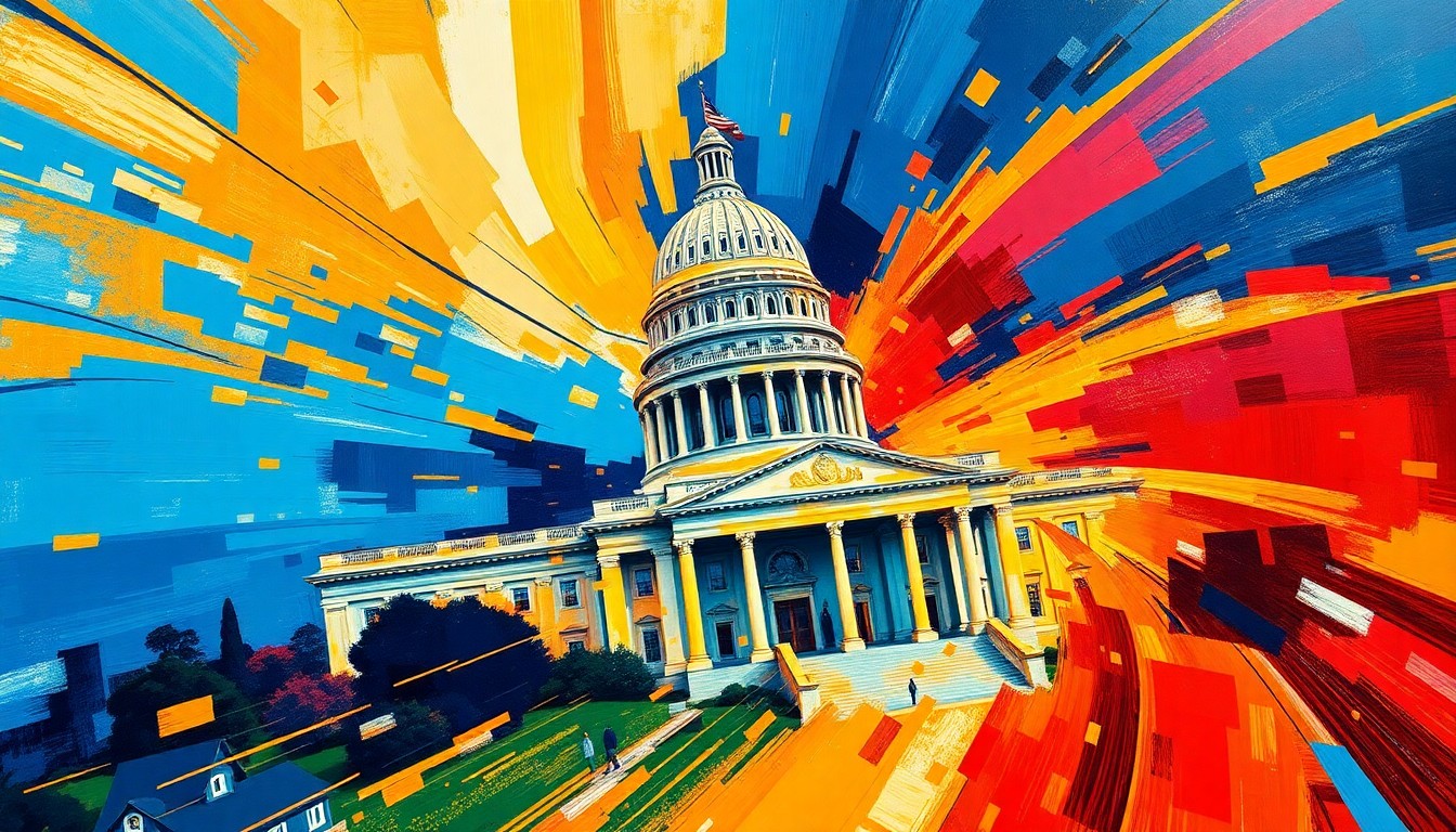 A fractured, overlapping painting of a California state capitol building in motion, with vibrant blue, gold, and red geometric shapes and brushstrokes conveying a sense of political change and uncertainty.