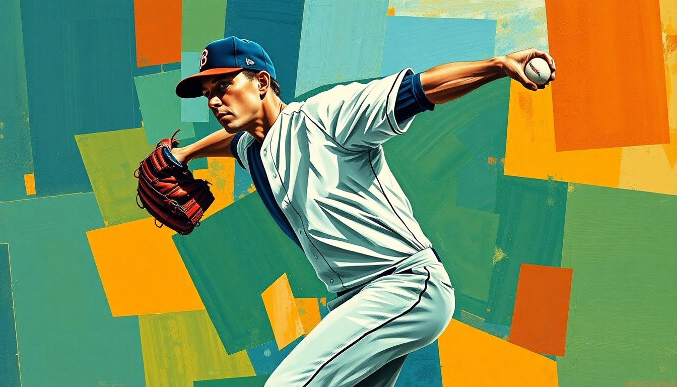 A cubist, geometric painting depicting a baseball pitcher's motion broken down into overlapping planes of vibrant colors, conceptually representing the Rangers' depth in the minor leagues.