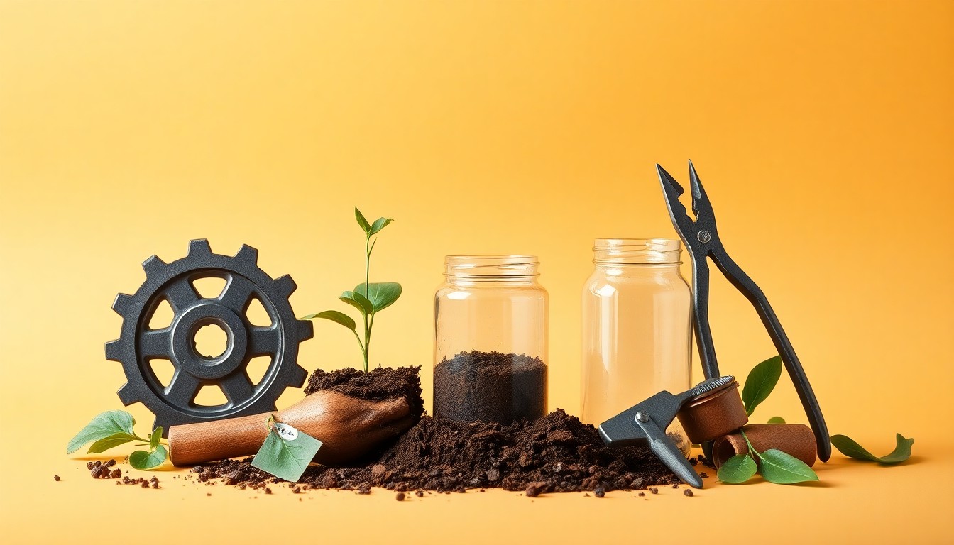 A minimalist studio photograph featuring a collection of premium agricultural tools and equipment, including a tractor gear, a soil sample jar, and a pair of pruning shears, arranged elegantly on a clean, monochromatic background to represent the abstract concepts of modern farming technology, sustainability, and crop research.