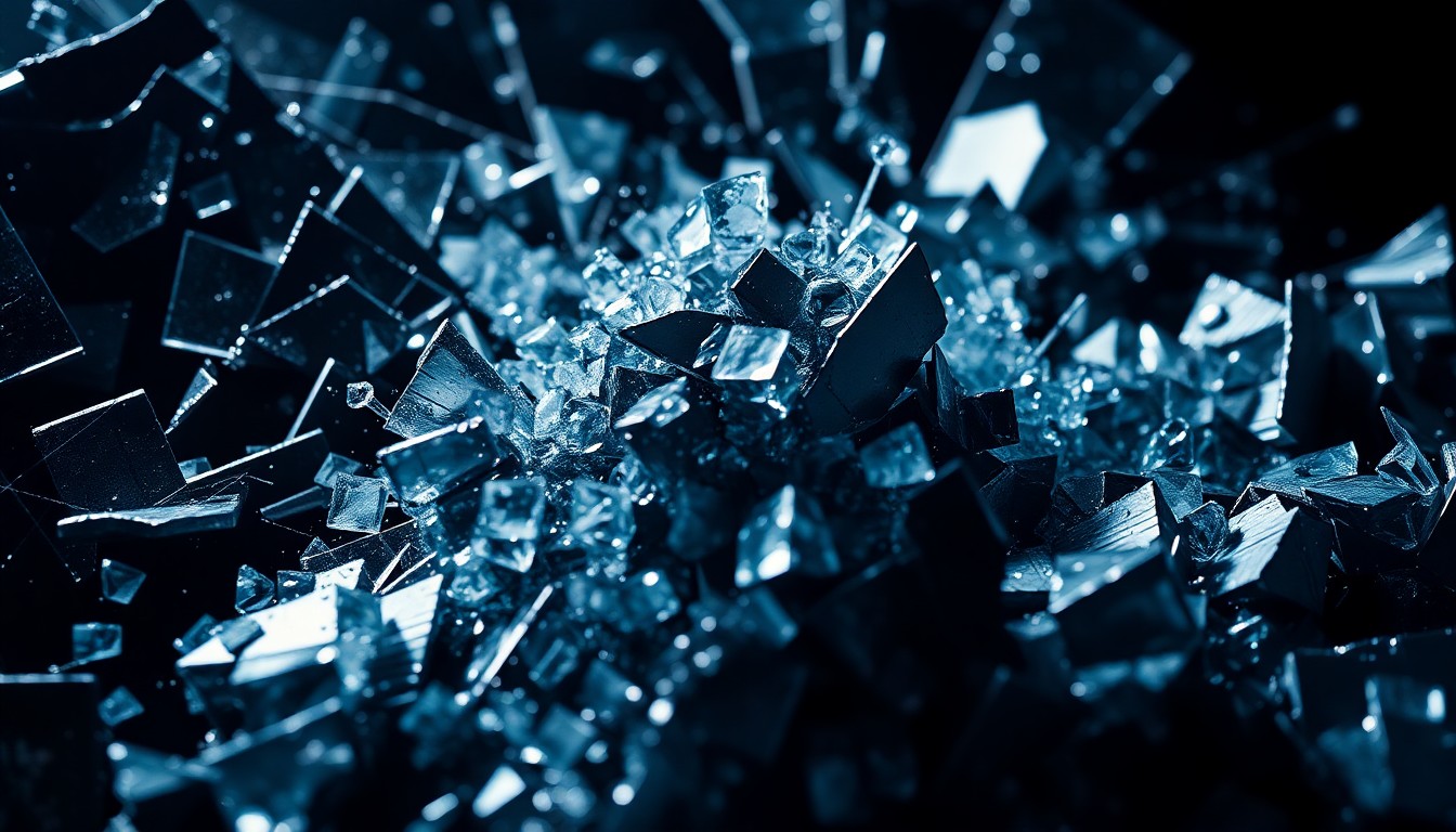 An extreme close-up photograph featuring shattered glass and crumpled metal textures in dramatic, high-contrast studio lighting, conceptually representing the harsh realities of the criminal justice system.