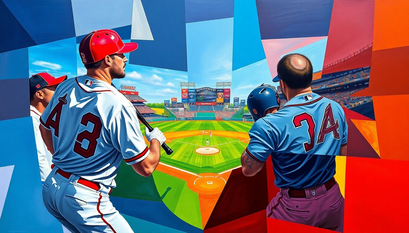 A fragmented, geometric painting depicting an abstract baseball game, with the players' forms broken down into sharp, angular shapes in a vibrant color palette, conveying the intensity of the confrontation between the two players.