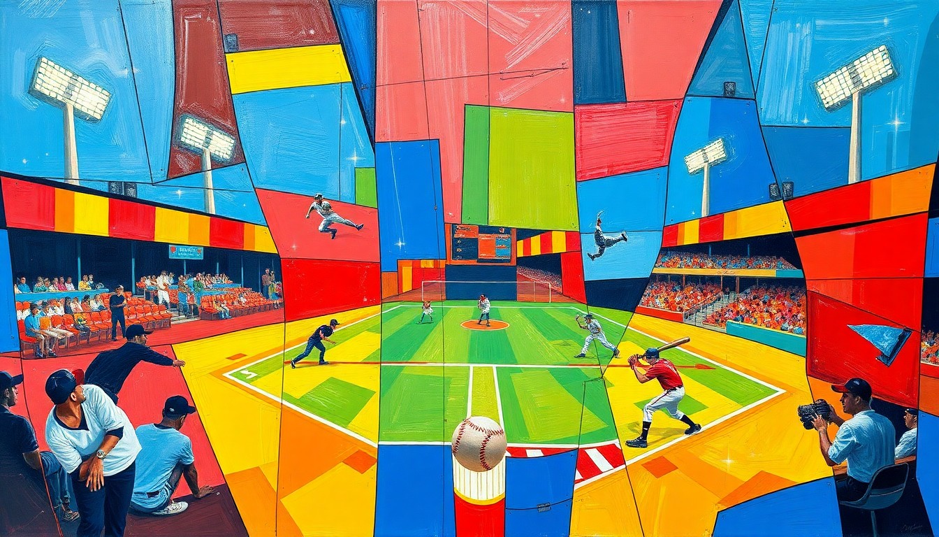 A fragmented, geometric painting depicting the dynamic action of a softball game, with overlapping planes of color and form representing the intensity of the competition.