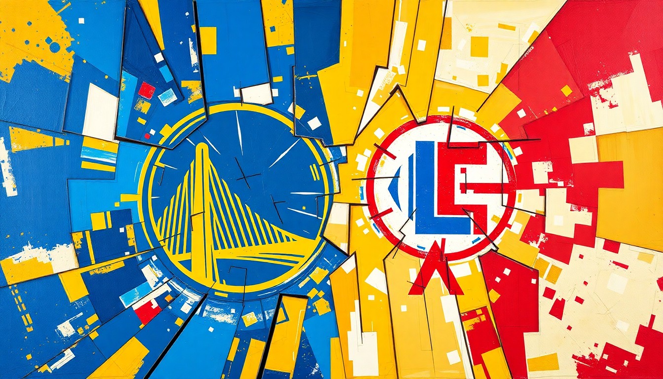 An abstract, cubist-style painting featuring sharp, overlapping geometric shapes and planes in the colors of the Golden State Warriors and Los Angeles Clippers, capturing the energy and intensity of their NBA Play-In Tournament matchup.