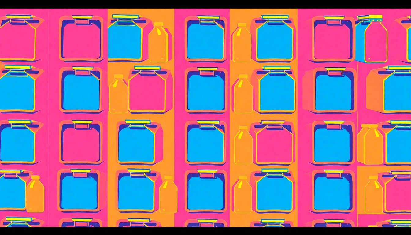 A high-contrast silkscreen print of a school lunch tray repeated in a grid, rendered in bold, neon colors and heavy black outlines, conceptually representing the essential role of cafeteria workers in the school system.