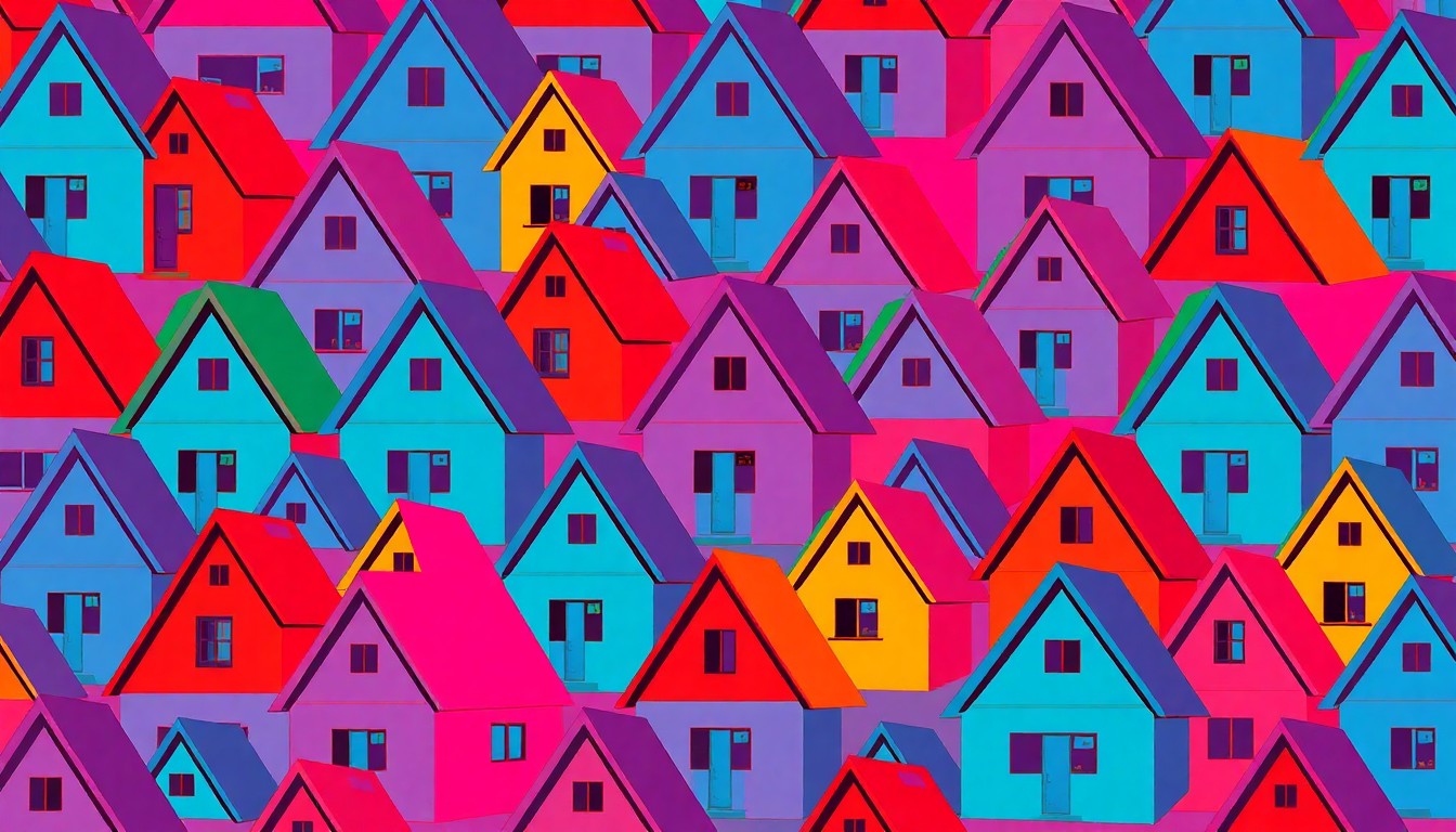 A brightly colored, high-contrast silkscreen-style illustration featuring a repeating grid of stylized A-frame house shapes in neon shades of blue, green, and pink, with heavy black outlines, conceptually representing the unique architecture and design of the luxury country home.