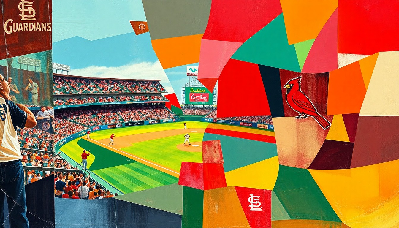 A cubist, fragmented painting depicting a baseball game or match, with the players and field broken down into sharp, overlapping planes of the official team colors of the Cleveland Guardians and St. Louis Cardinals.