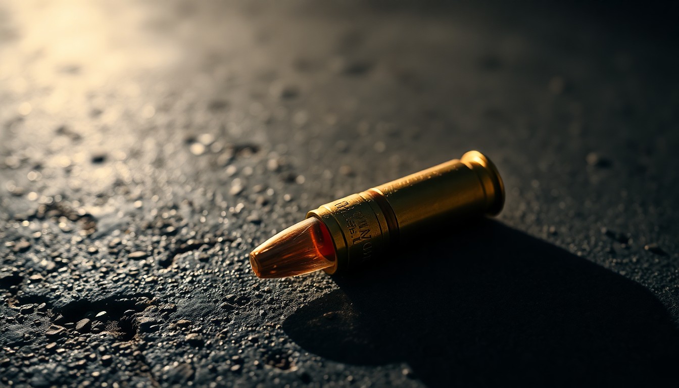 An extreme close-up of a spent bullet casing on a dark concrete surface, conceptually representing the sudden, gritty nature of gun violence in the community.