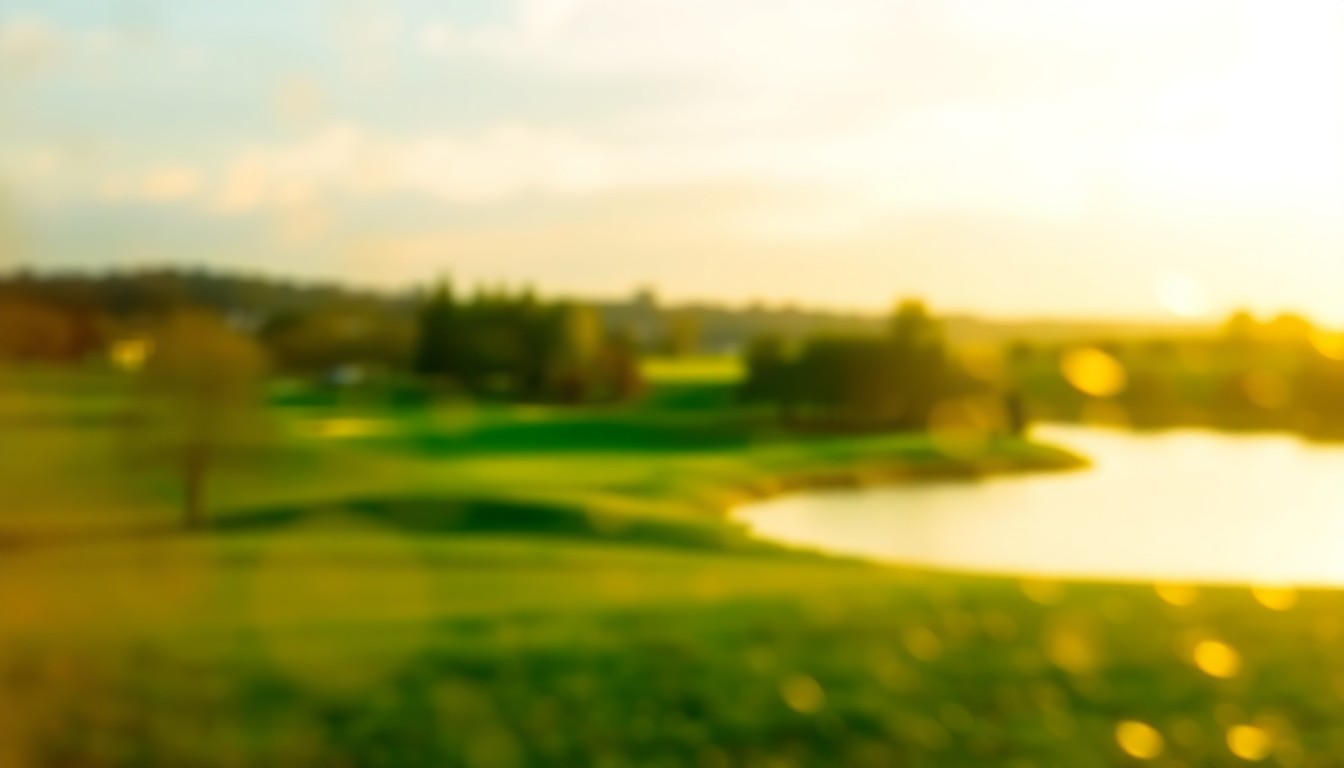 An impressionistic, out-of-focus photograph depicting a lush, green lakefront landscape with a golf course in the background, all rendered in soft, warm tones and hazy, bokeh-like lighting effects.