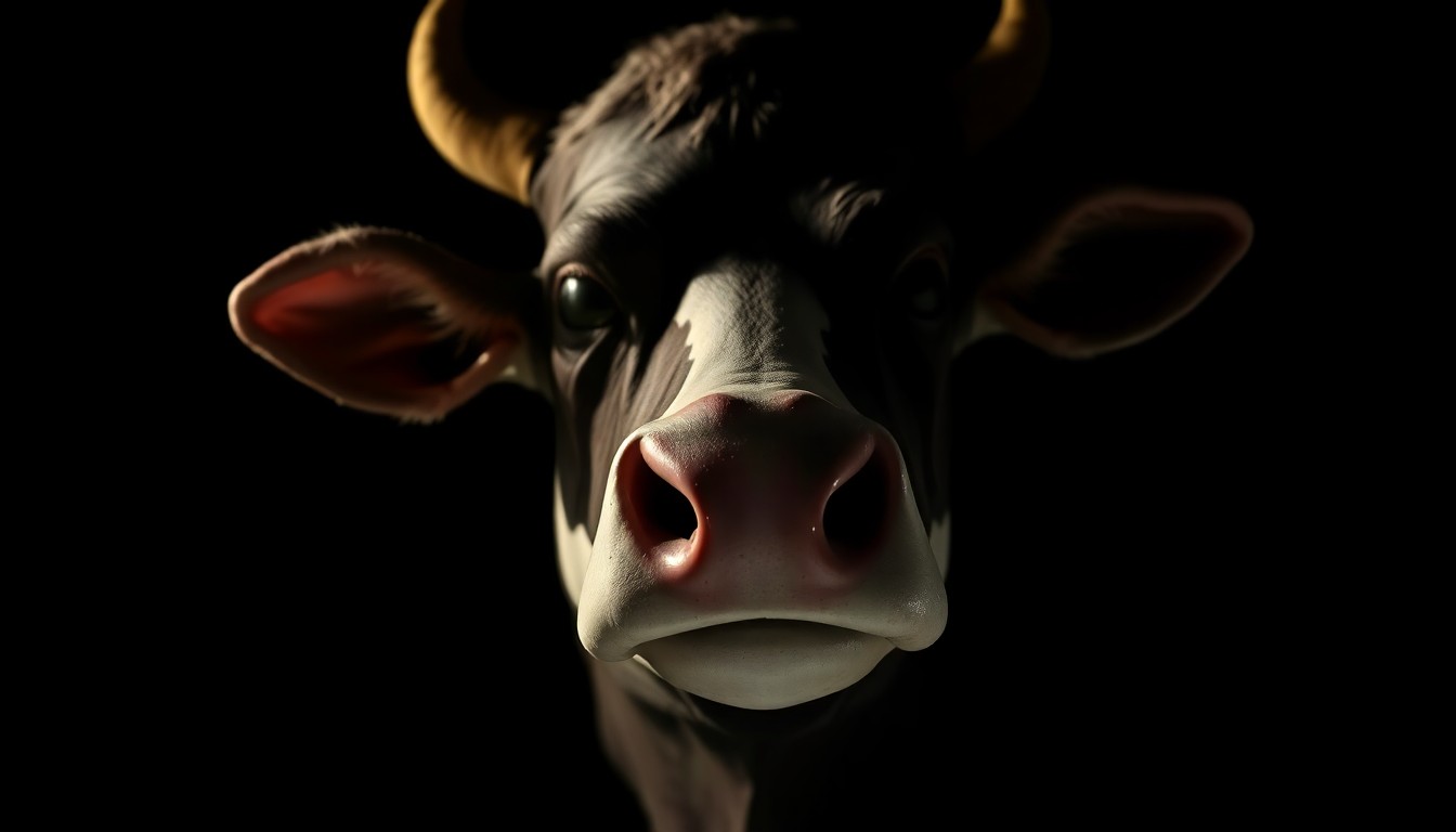 An extreme close-up photograph of a cow costume accessory, such as an ear or nose, lit by a harsh, direct flash against a black background, creating a stark, gritty visual that conceptually represents the investigation into a bizarre domestic altercation.