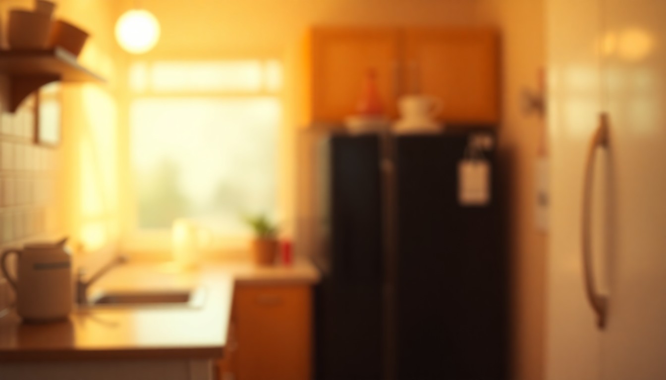 An extremely abstracted, out-of-focus photograph shot through condensation or rain-streaked glass, composed of soft, warm pools of color and light that suggest the cozy, inviting atmosphere of a gourmet kitchen.