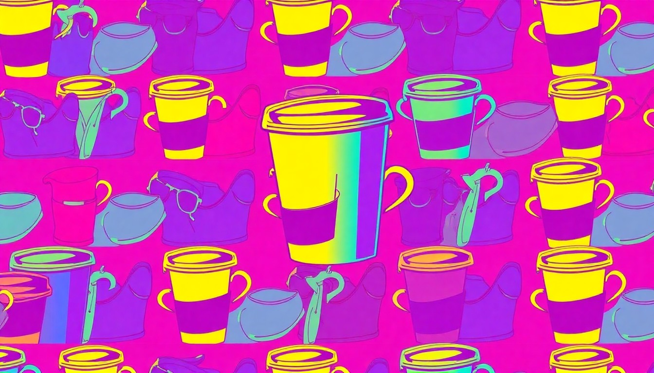 A brightly colored, high-contrast silkscreen print of a coffee cup repeated in a tight grid pattern, utilizing vibrant neon colors and heavy black outlines to transform an everyday object into modern pop art.