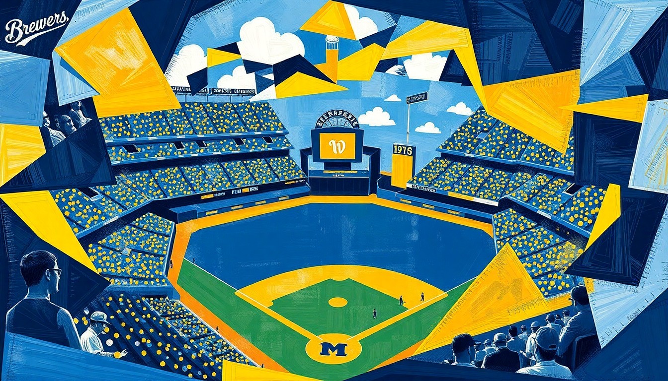 A fragmented, multi-angled painting featuring sharp, overlapping planes of navy blue, gold, and white, conceptually representing the turbulence and uncertainty surrounding the Milwaukee Brewers' recent losing streak.