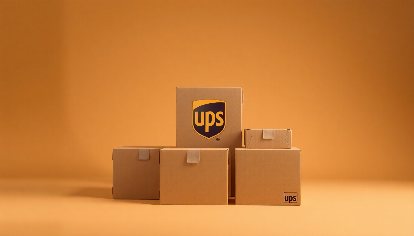 A photorealistic studio still life featuring a stack of plain cardboard shipping boxes with the UPS logo prominently displayed, conceptually representing the company's efforts to streamline its operations and supply chain.