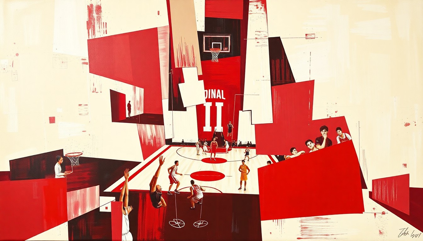 A cubist, geometric painting depicting a basketball player in motion, with sharp, overlapping planes of crimson red and cream white representing the energy and intensity of the game.