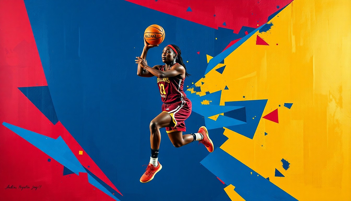 A fractured, multi-perspective painting depicting a basketball player's movements and skills broken down into sharp, overlapping geometric shapes and planes in a vibrant color palette, conceptually representing the raw potential and versatility of a rising WNBA prospect.