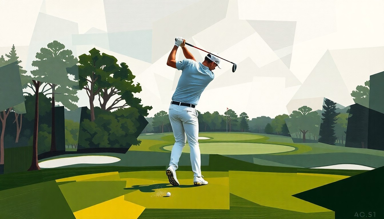 A fragmented, geometric painting depicting Jon Rahm's golf swing and approach shot on the 17th hole at Augusta National, with muted earth tones and sharp, overlapping planes representing the difficulty of the course.