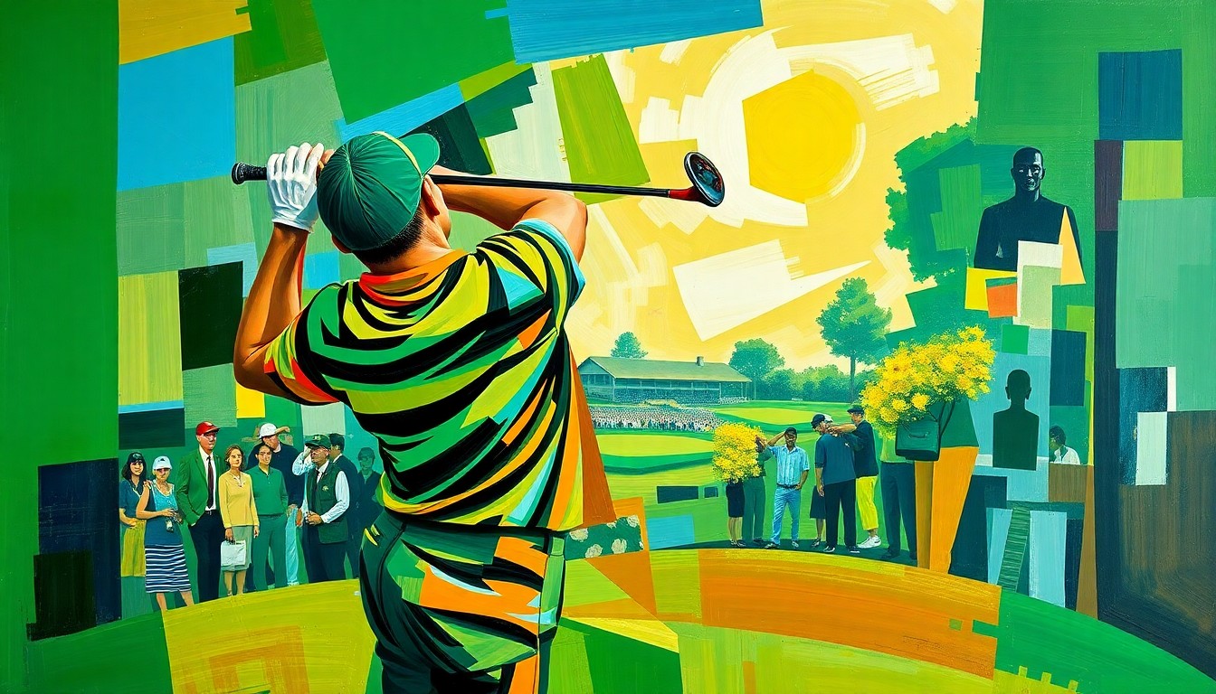 A fragmented, geometric painting depicting a golfer's swing and the Masters tournament grounds, rendered in bold, overlapping planes of color without any identifiable figures or text.