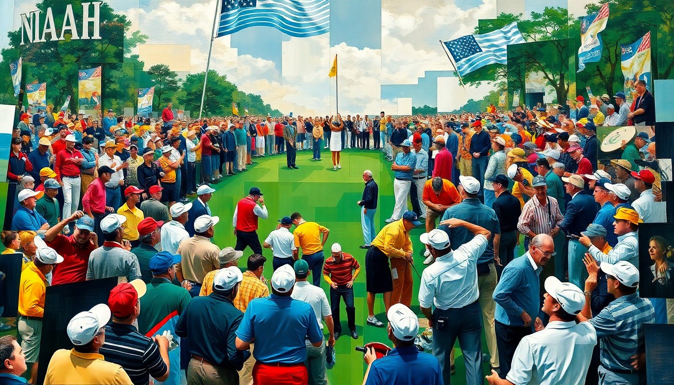 A cubist, geometric painting in shades of green, brown, and blue, with sharp, overlapping shapes and planes representing the intense pressure and confusion of an unfolding crisis on a golf course.