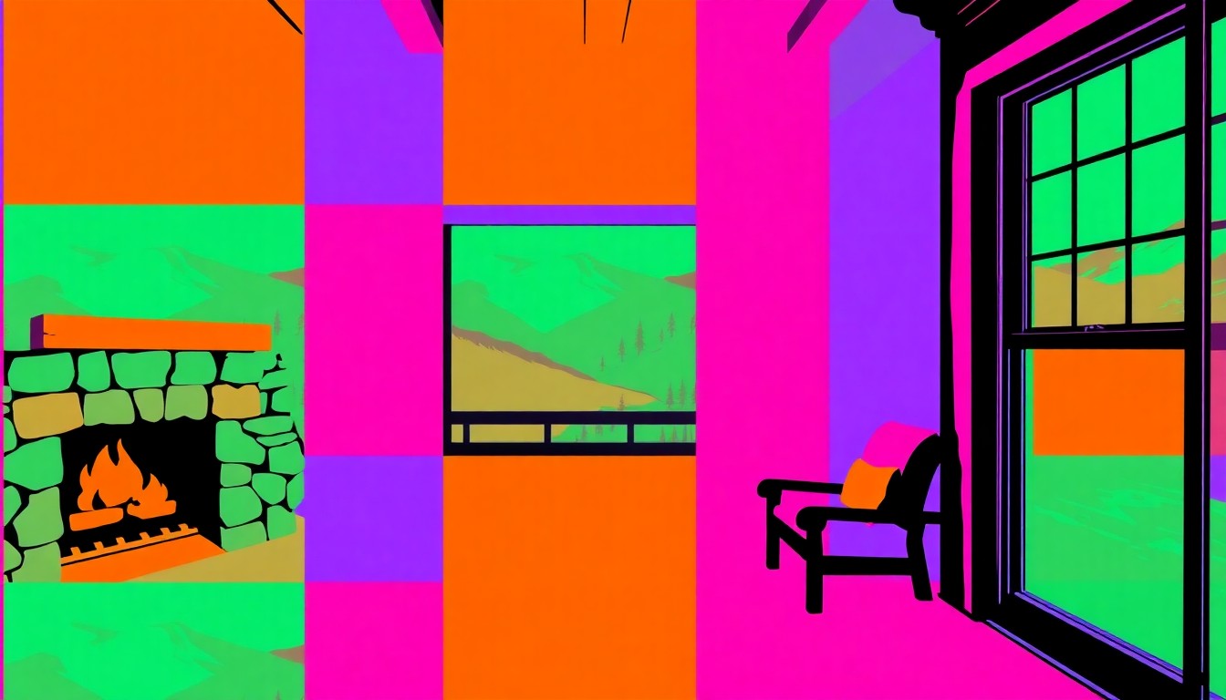 A brightly colored, high-contrast silkscreen print of a panoramic mountain window repeated in a tight grid pattern, capturing the modern, pop art aesthetic of the Grandview Cottage's design.